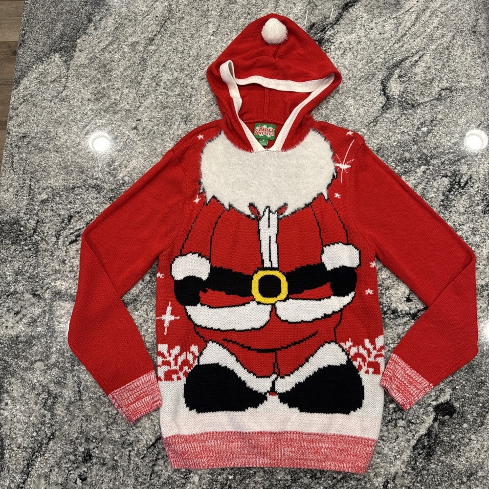 Party Sweater Ugly Christmas Sweater‎ Santa Claus Hoodie Furry Red Knit Sz M